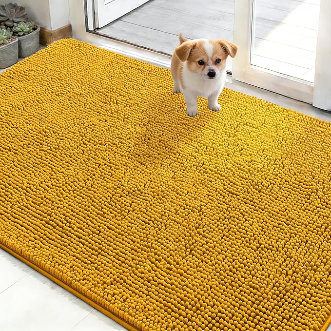OLANLY Dog Door Mat for Muddy Paws 48x30, Super Absorbent Chenille Mud Mat | Golden Yellow, Absorbs Moisture and Dirt, Non-Slip Machine Washable Doormat, Quick-Dry Indoor Entryway Floor Carpet for Dogs