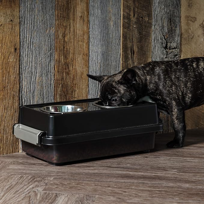 IRIS USA Elevated Dog Bowls with Storage, 6" H Raised Feeding Station, Dog Bowl Stand with Airtight Food Storage Holds 5 lbs, 4 Removable 16 oz Stainless Steel Food and Water Bowls, Smoke/Black