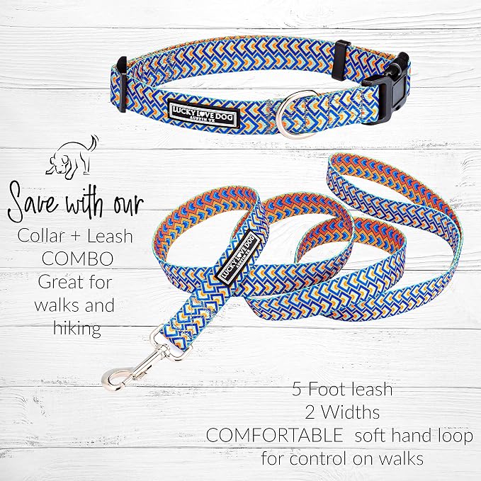 Lucky Love Dog, Bold Matching Dog Collar and Leash Set, Soft & Adjustable, Geometric Pattern Collar and Leash for Male Female Dogs - (X-Small, Murphy Combo)