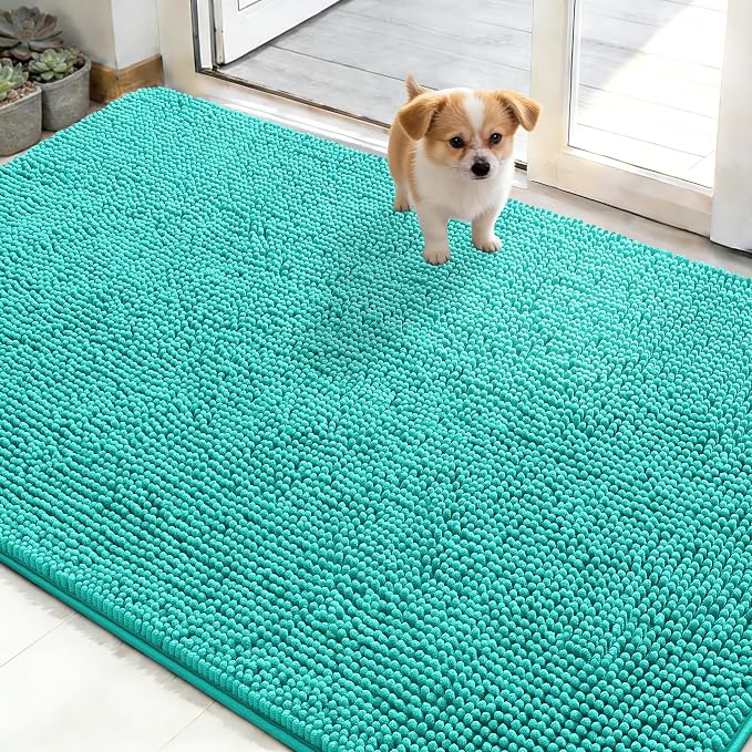 OLANLY Dog Door Mat for Muddy Paws 48x30, Super Absorbent Chenille Mud Mat | Teal, Absorbs Moisture and Dirt, Non-Slip Machine Washable Doormat, Quick-Drying Indoor Entryway Floor Carpet for Dogs
