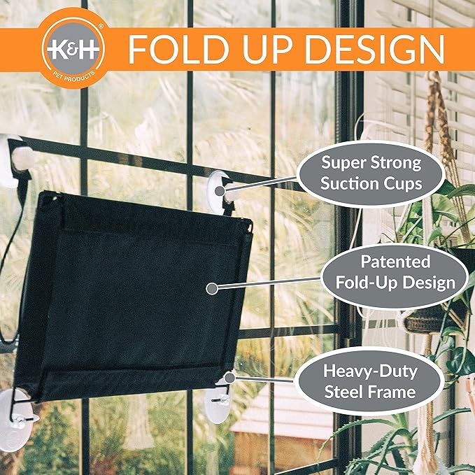 K&H Cat Window Perch, EZ Mount Kitty Sill - Fits 27in Wx23in H Glass Spaces | Sturdy Cat Window Hammock Bed, Steel Frame, Sturdy Suction Cups, Washable Shelf Cover, Foldable, 23x12in, Gray