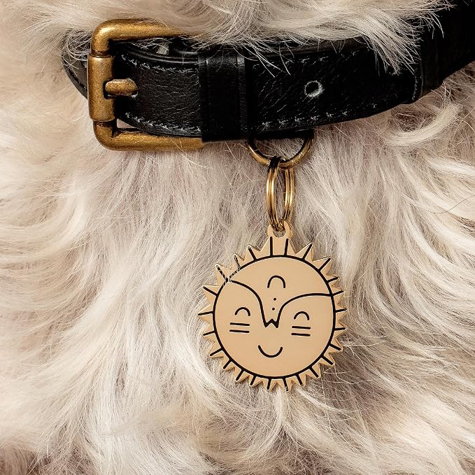 Two Tails Pet Company Personalized 'Smiling Sun' Pet ID Tag - Custom Engraved Dog Tags for Pets - Durable Brass, Gold Plating