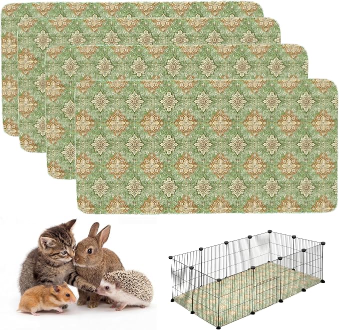 4PACK Washable Guinea Pig Pee Pads,Absorbent Reusable Guinea Pig Cage Liners,Waterproof,Leak-Proof & Non-Slip Potty Pads for Small Animals Rabbit Hamster Rat.(Green Floral Flat,24"x48")