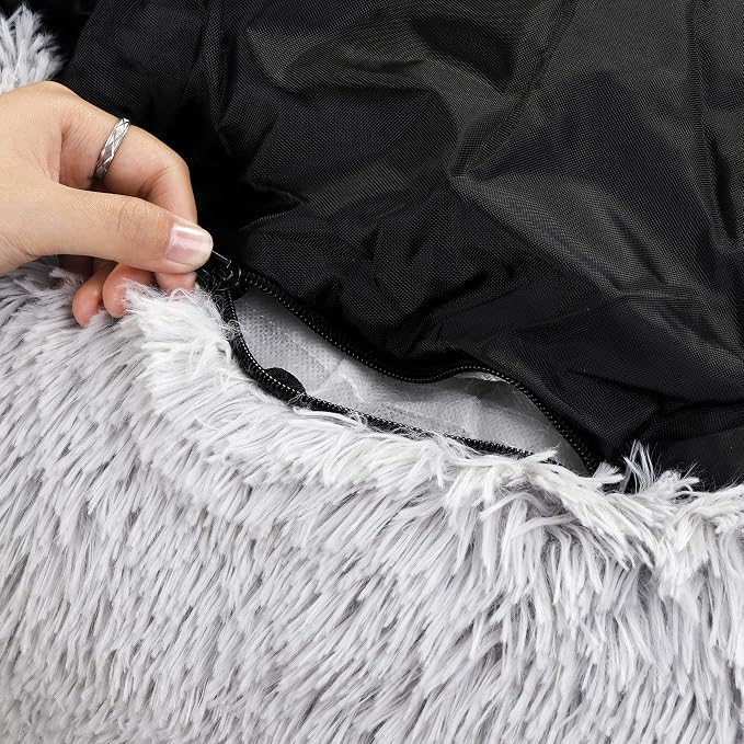 Donut Dog Bed Calming Ultra Soft Shag Faux Fur Dog Bed Comfortable Donut Cuddler for Dogs and Cats,Self Warming and Washable (30 Inches, Grey)