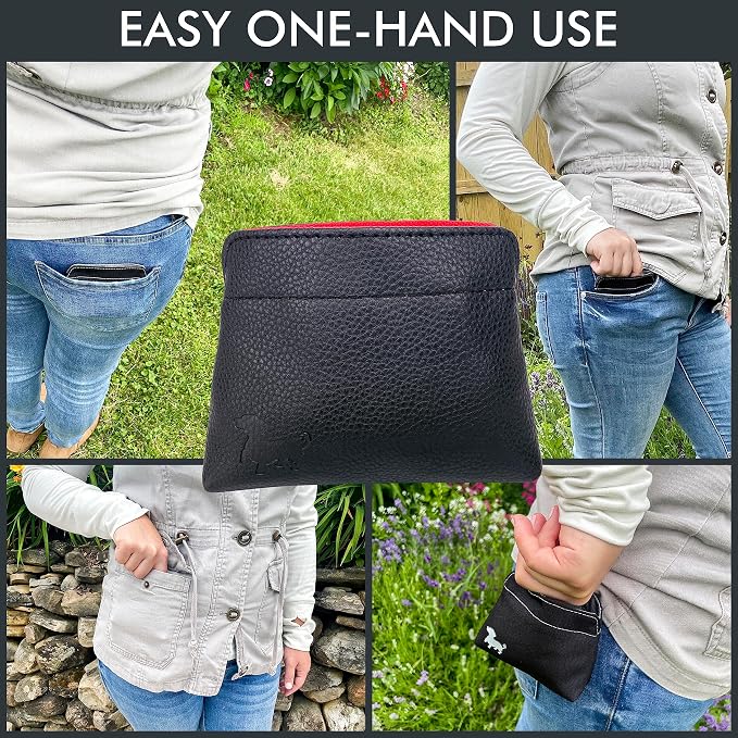 Small Dog Treat Pouch – Slim Vegan Leather Magnetic Pocket Dog Treat Bag for Walking & Training – Discreet Clip On Treat Pouch for Leash, Waistband or Pocket – Mess Free Storage (Black/Red)