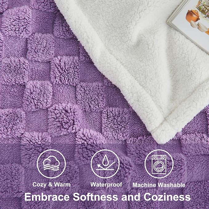 Checkered Waterproof Blanket for Bed Couch Sofa Car, Fluffy Soft Dog Blanket with 3D Jacquard Grid Pattern, Reversible Leakproof Pet Blankets for Dogs Cats Puppies, Dusty Purple, 60"x80"