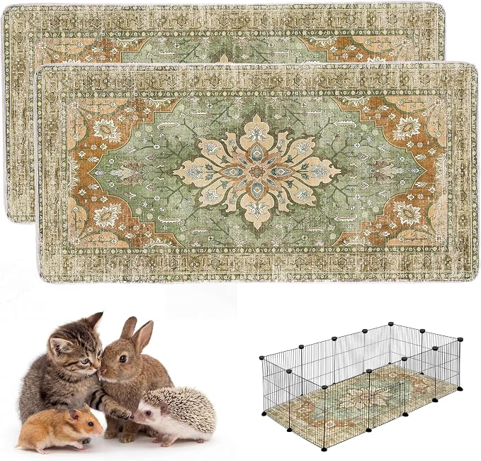 Washable Guinea Pig Pee Pads,Absorbent Reusable Guinea Pig Cage Liners,Waterproof,Leak-Proof & Non-Slip Whelping Pads & Mat for Small Animals,Pet Housebreaking.(Green Floral,24"x48")