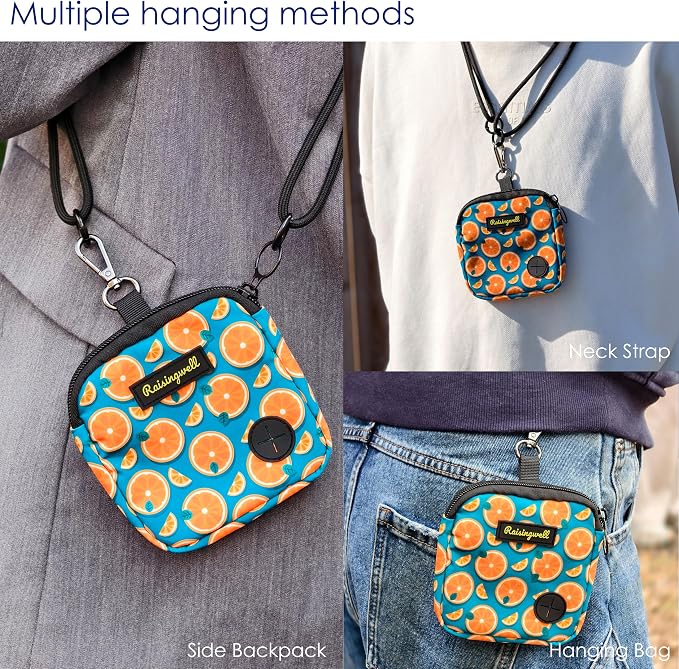 Raisingwell Dog Treat Pouch for Pet Walking and Training with Clicker Poop Bags Small Fanny Zipper Pack Holder for Puppy Snack Dispenser Kit for Leash and Outdoor Use (Fruit Orange)