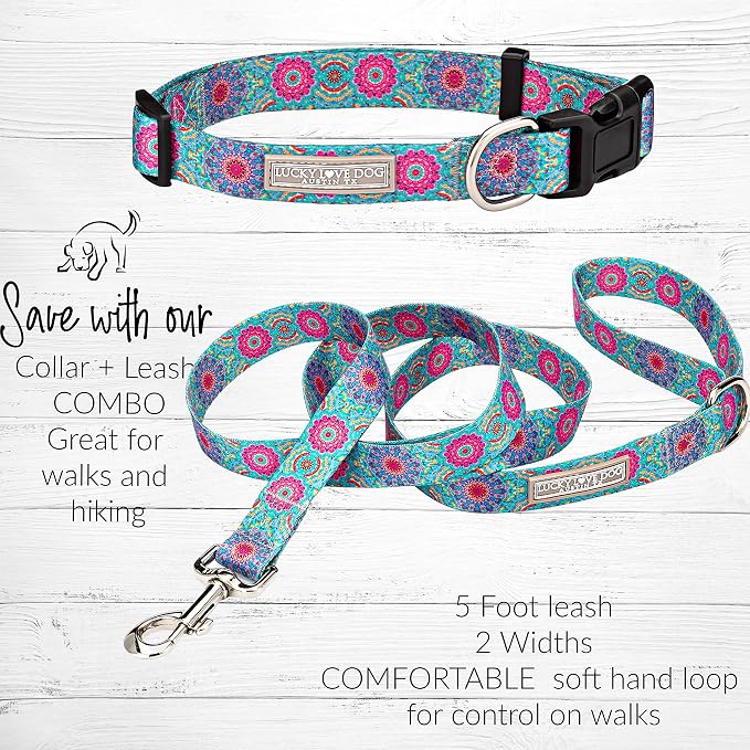 Lucky Love Dog, Boho Chic Matching Dog Collar and Leash Set, Vivid Pink and Turquoise Collar and Leash for Dogs, Soft, Adjustable, Safe for Training and Walking - (X-Small, Clara Combo)