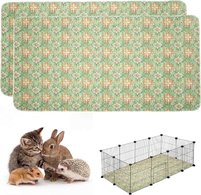 Washable Guinea Pig Pee Pads,Absorbent Reusable Guinea Pig Cage Liners,Waterproof,Leak-Proof & Non-Slip Potty Pads for Small Animals Rabbit Hamster Rat.(Green Floral Flat,24"x48")
