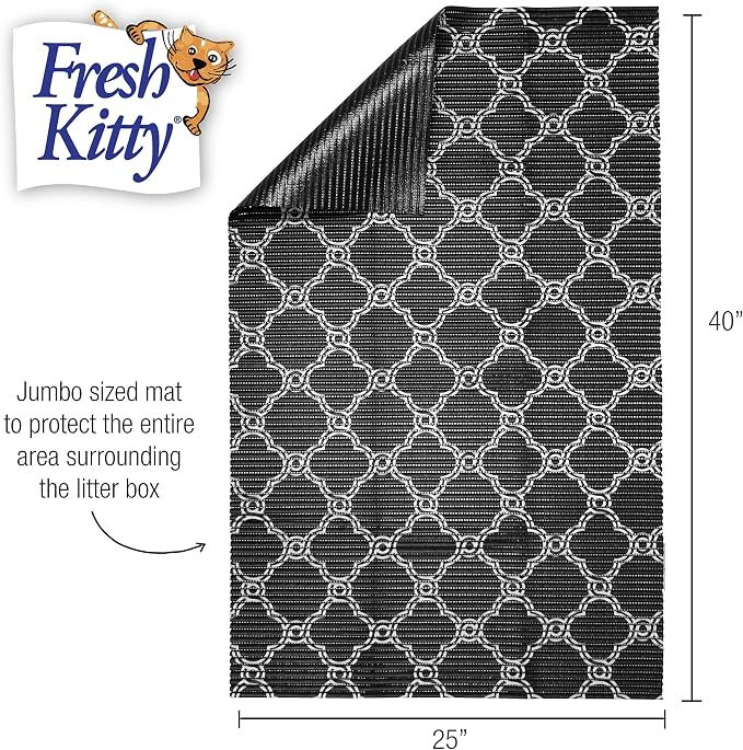 Fresh Kitty Durable XL Jumbo Foam Litter Box Mat – No Phthalate, Water Resistant, Traps Litter from Box, Scatter Control, Easy Clean Mats – Black & White 40"x 25", Black/White Quatrefoil (9036)