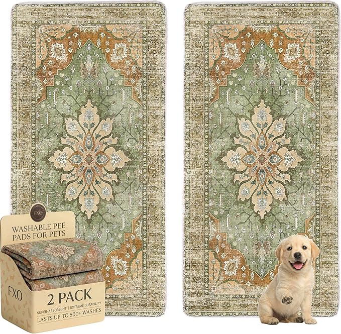 Washable Pee Pads for Dogs,Great Urine Absorbent Reusable Puppy Training Pads,Waterproof,Leak-Proof & Non-Slip Potty Pads for Whelping,Crate,Playpen,Bed.(Green Floral,36"x72")