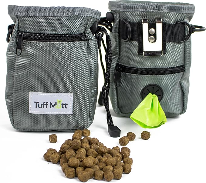Dog Treat Pouch for Training with Poop Bag Dispenser | Adjustable Waist Belt, Metal Clip, Holds Treats Kibble and Accessories, Includes Pet Waste Bags